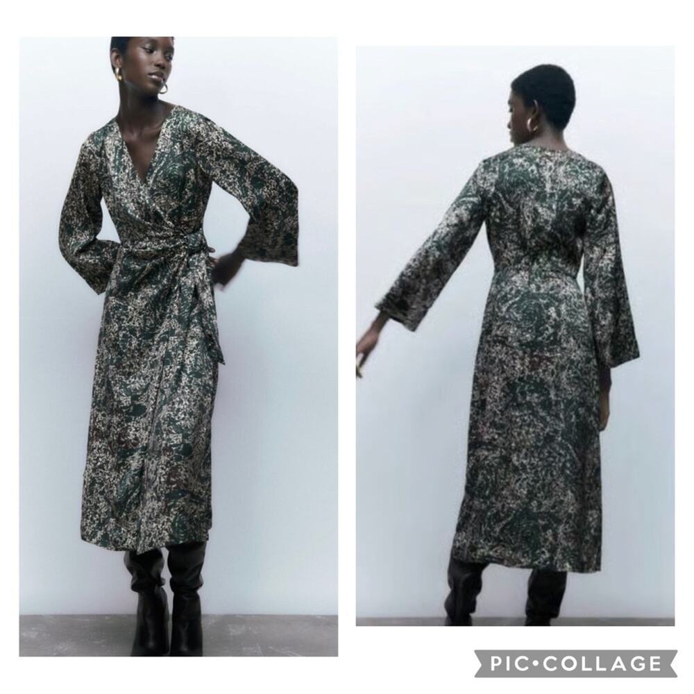 Zara Green Midi Long Sleeve Wrap Dress